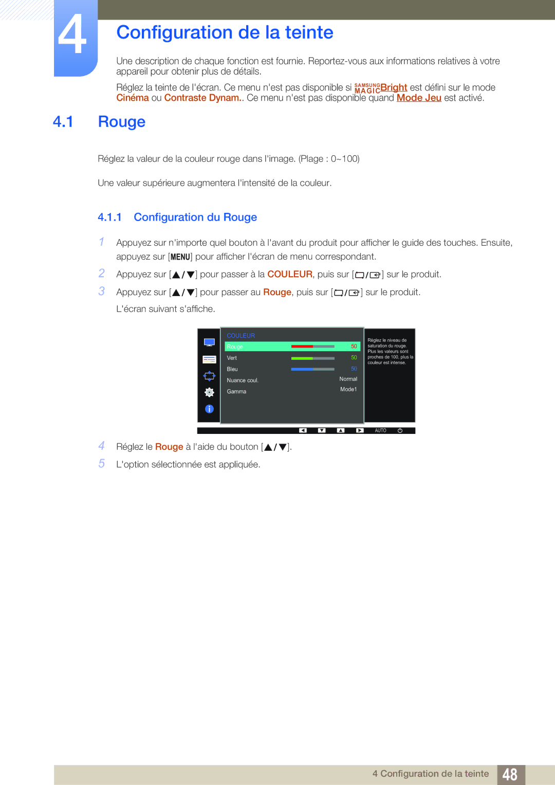 Samsung LS22D390QS/EN manual Configuration de la teinte, Configuration du Rouge 