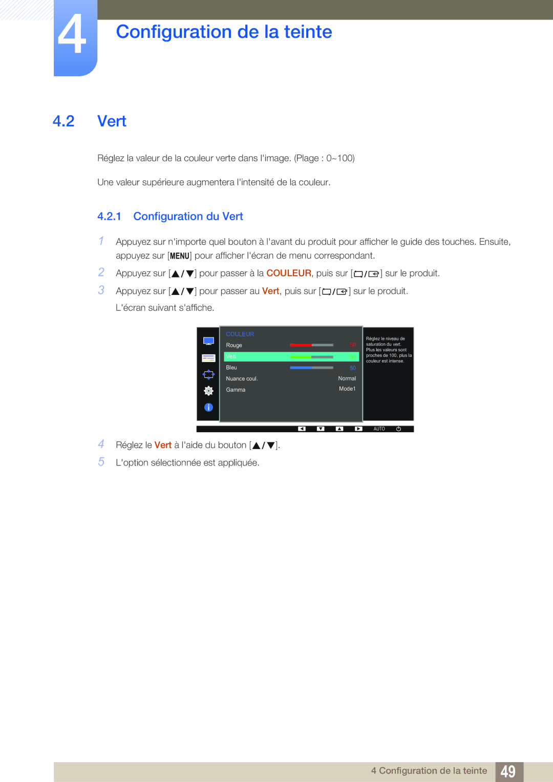 Samsung LS22D390QS/EN manual Configuration du Vert 