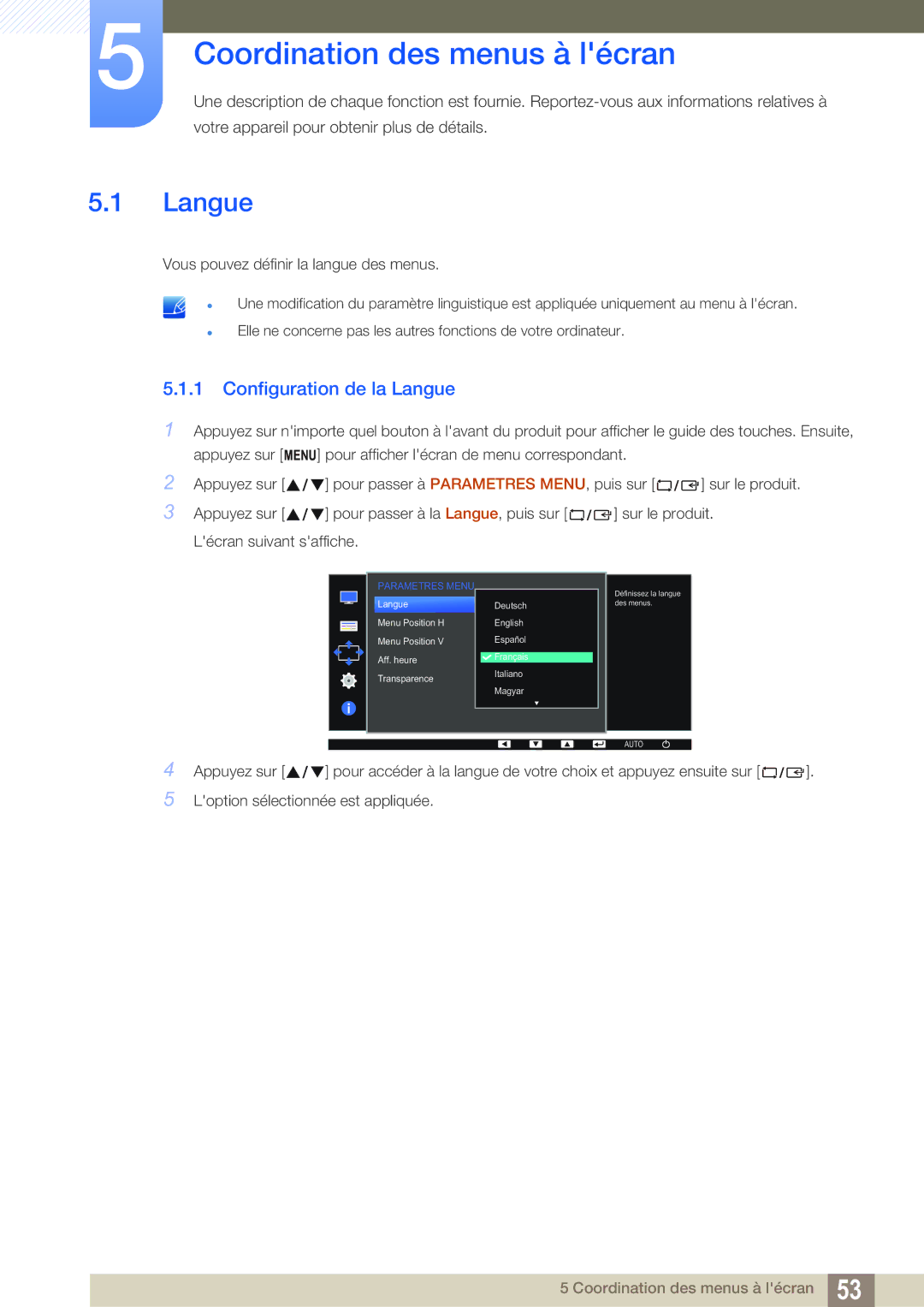 Samsung LS22D390QS/EN manual Coordination des menus à lécran, Configuration de la Langue 