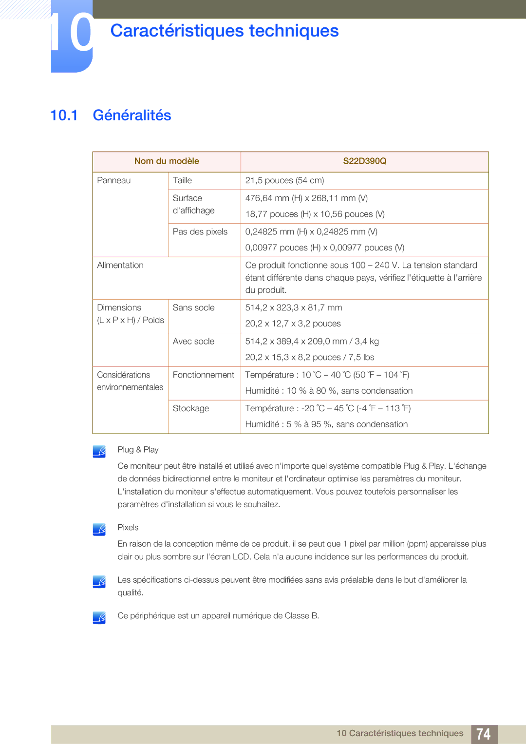 Samsung LS22D390QS/EN manual Caractéristiques techniques, 10.1 Généralités 