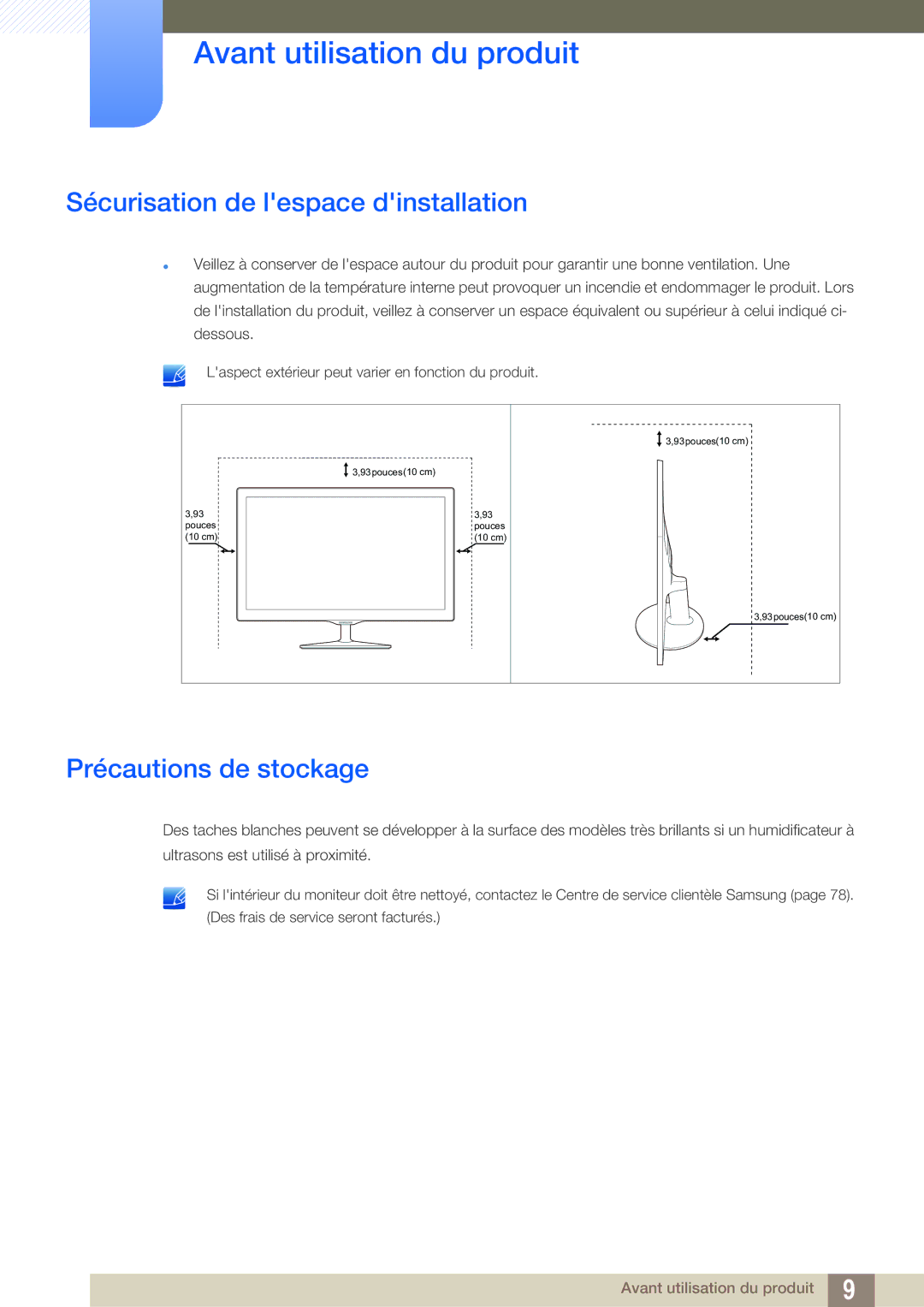 Samsung LS22D390QS/EN manual Sécurisation de lespace dinstallation, Précautions de stockage 