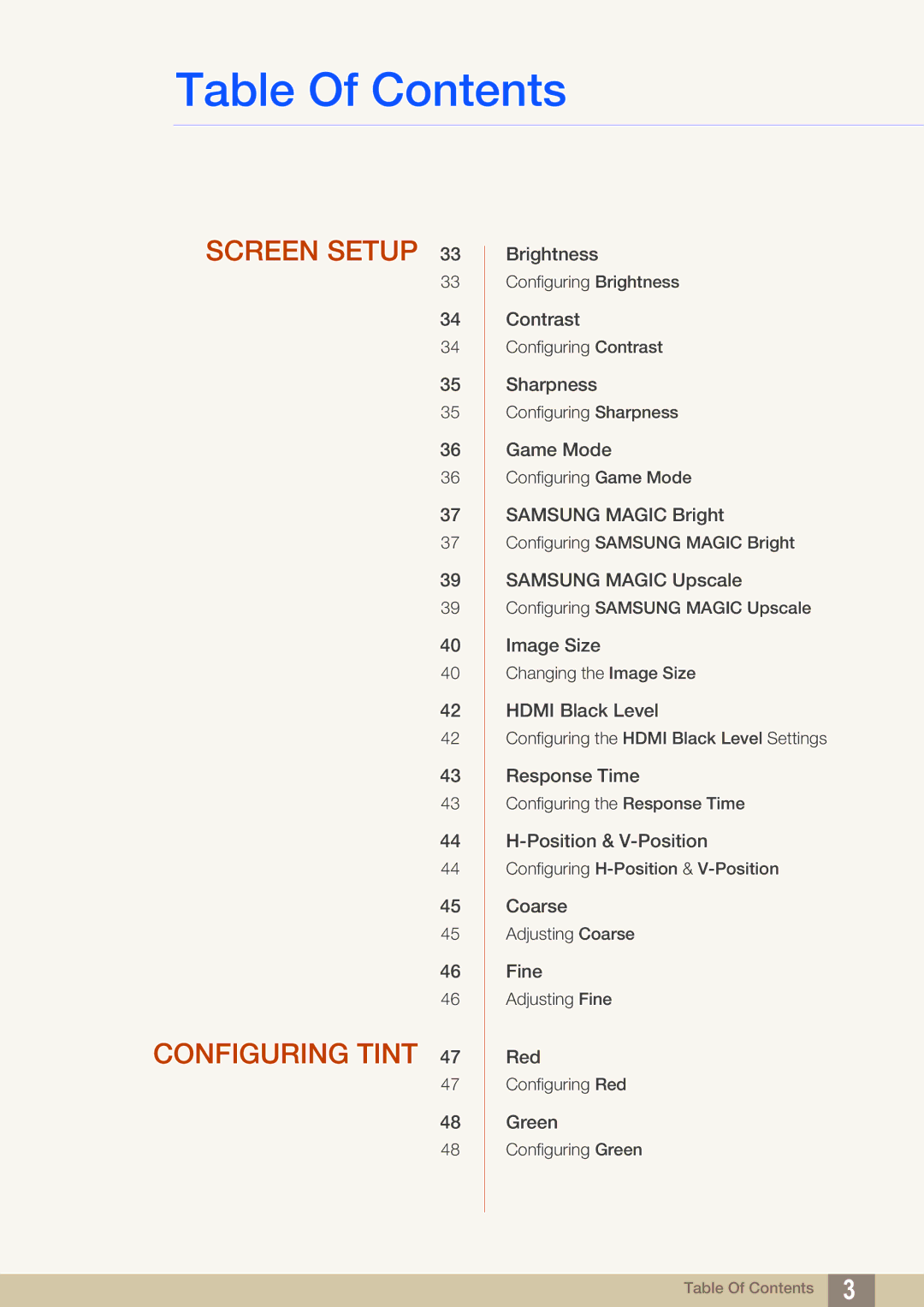 Samsung LS22D390QS/EN manual Screen Setup Configuring Tint 