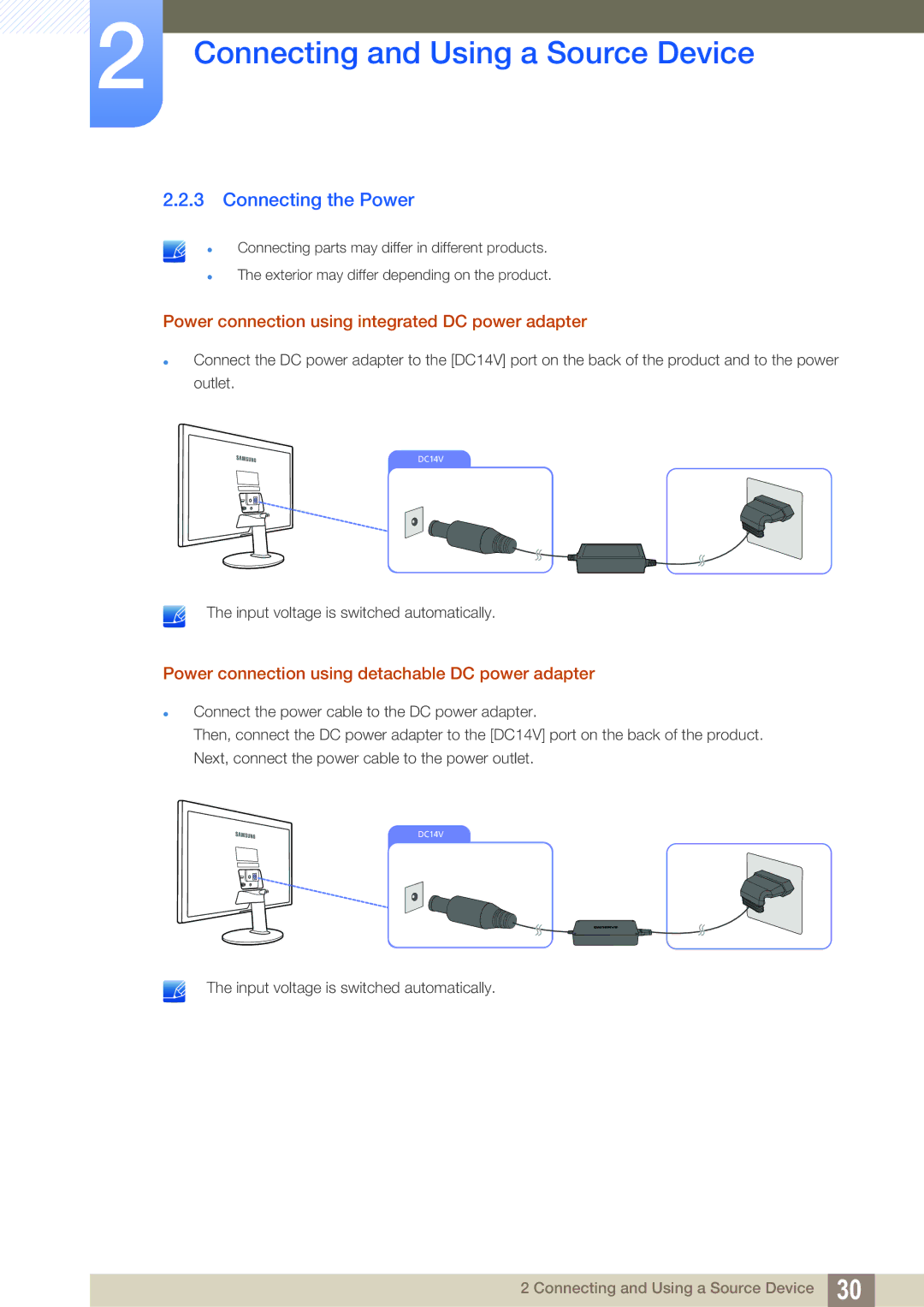 Samsung LS22D390QS/EN manual Connecting the Power, Power connection using integrated DC power adapter 