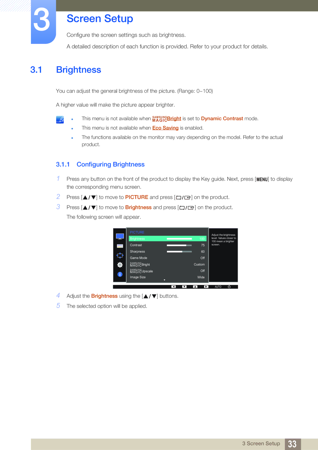 Samsung LS22D390QS/EN manual Screen Setup, Configuring Brightness 