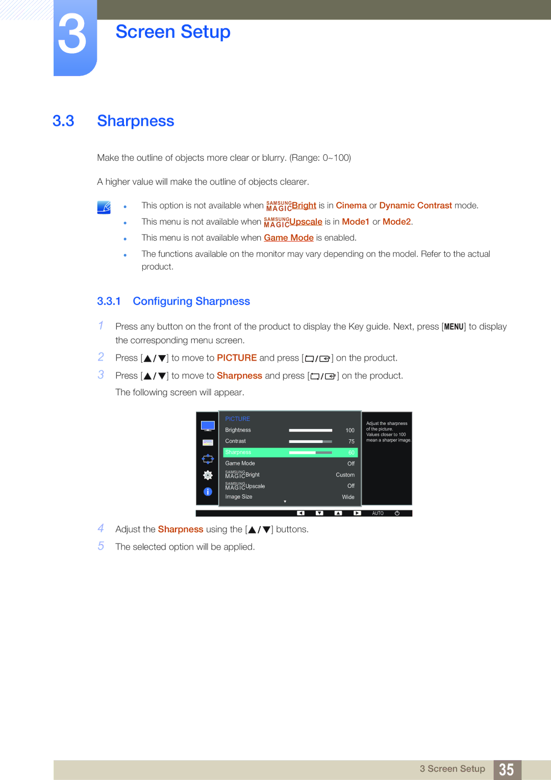 Samsung LS22D390QS/EN manual Configuring Sharpness 