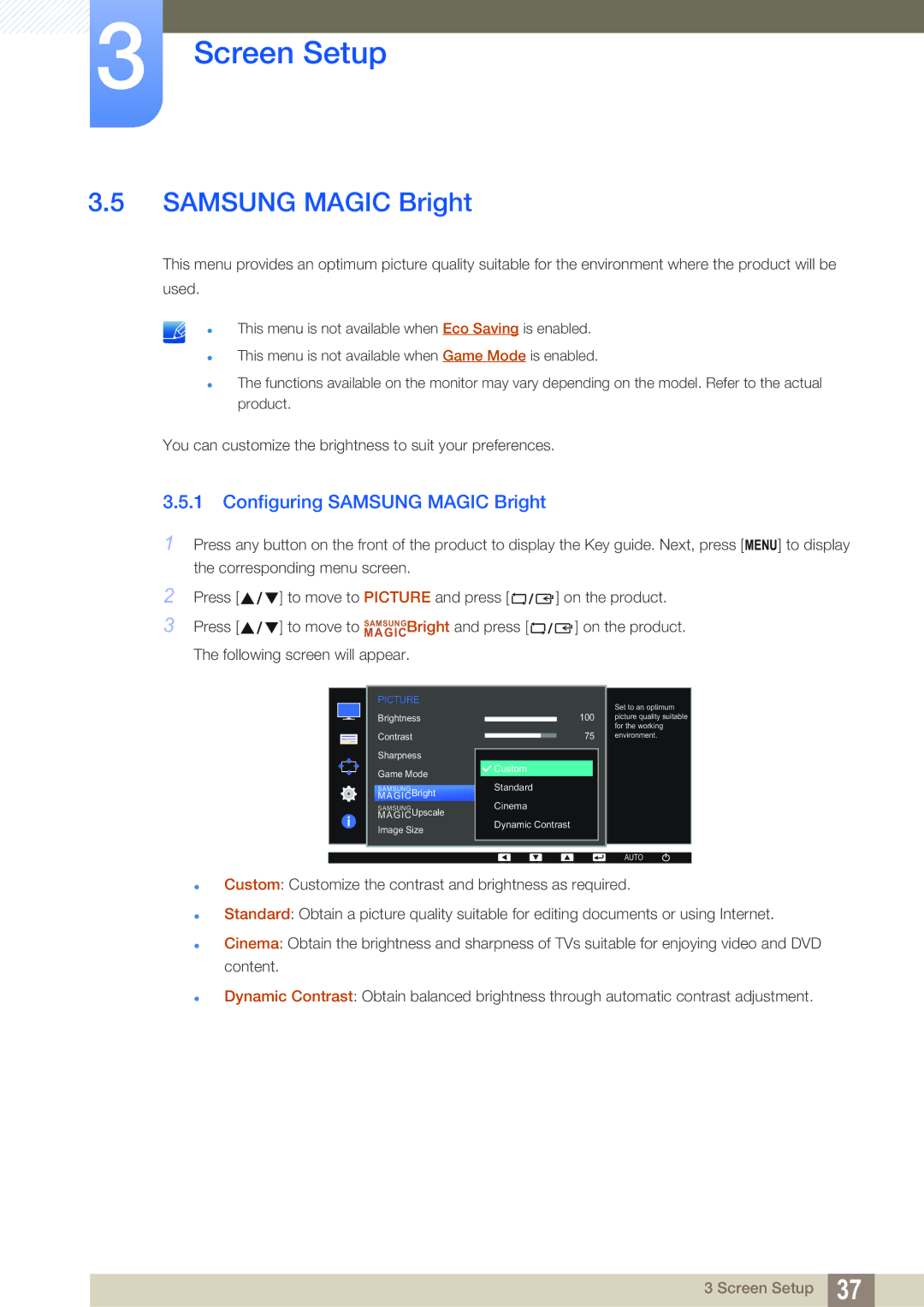 Samsung LS22D390QS/EN manual Configuring Samsung Magic Bright 