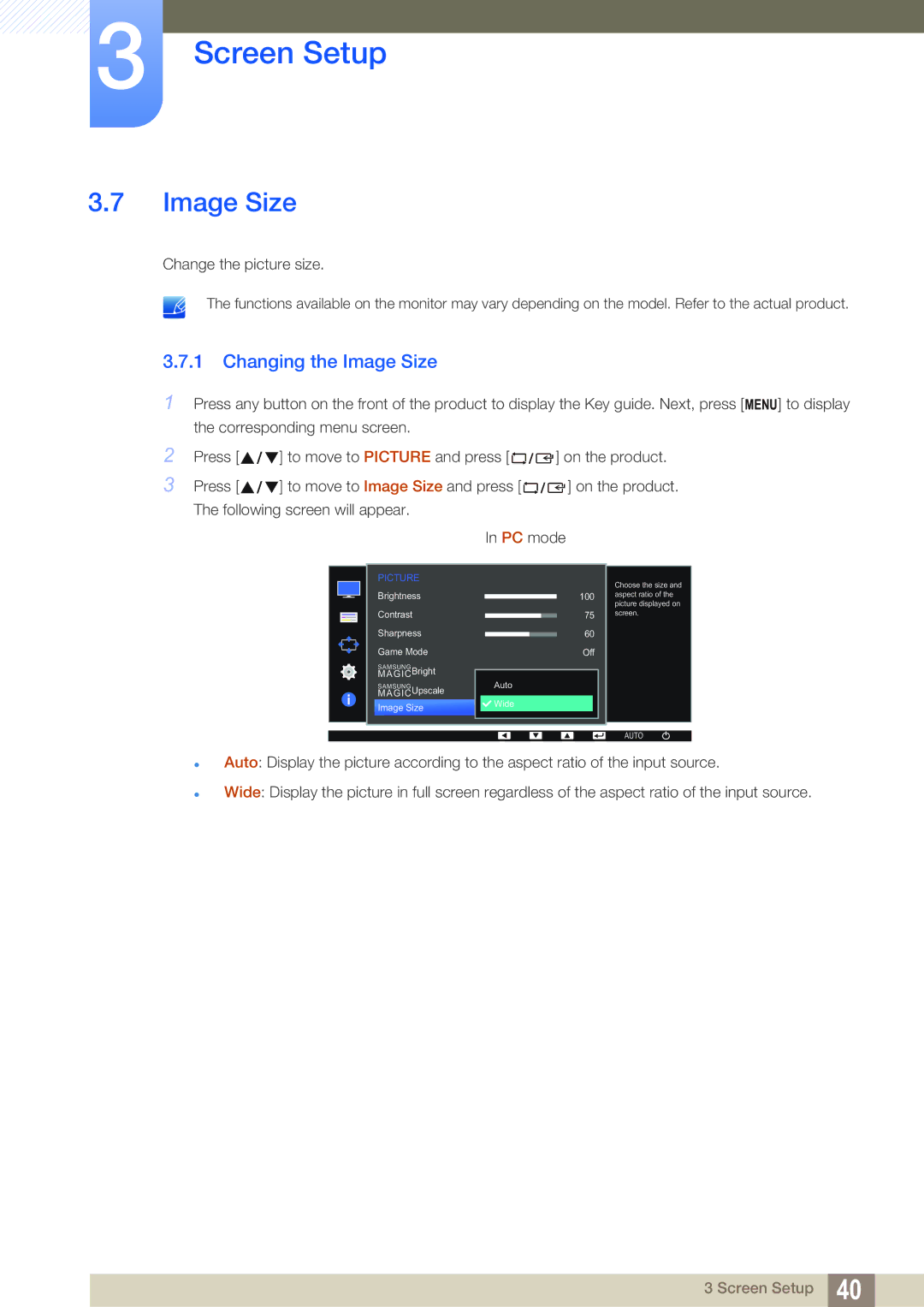 Samsung LS22D390QS/EN manual Changing the Image Size 