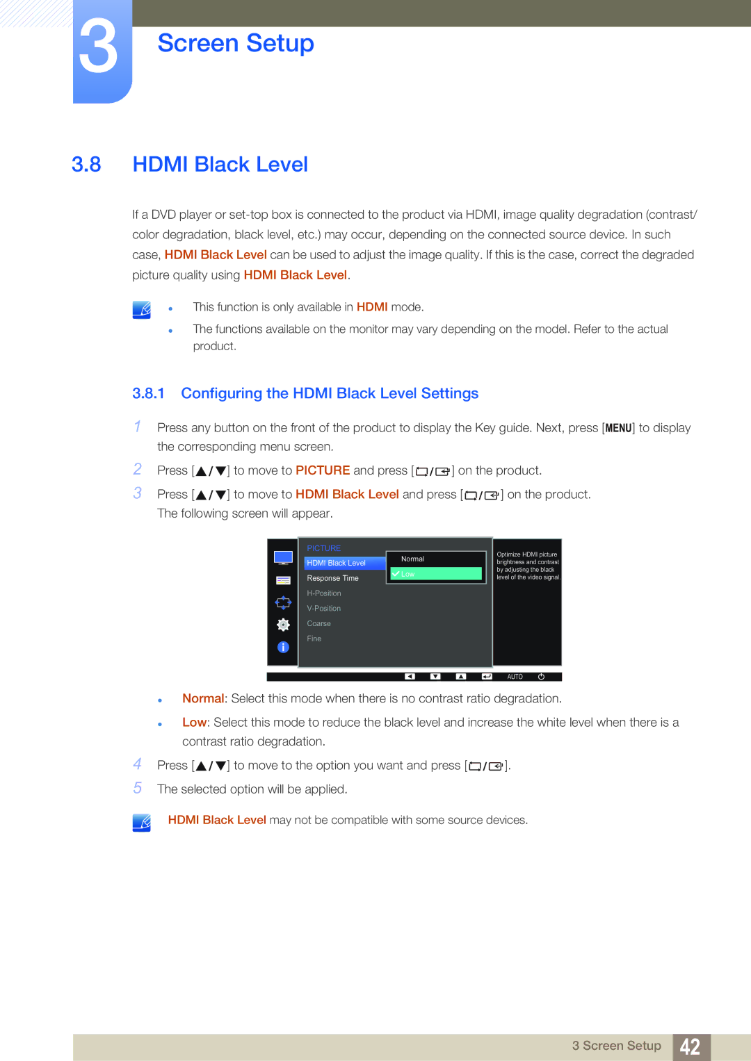 Samsung LS22D390QS/EN manual Configuring the Hdmi Black Level Settings 