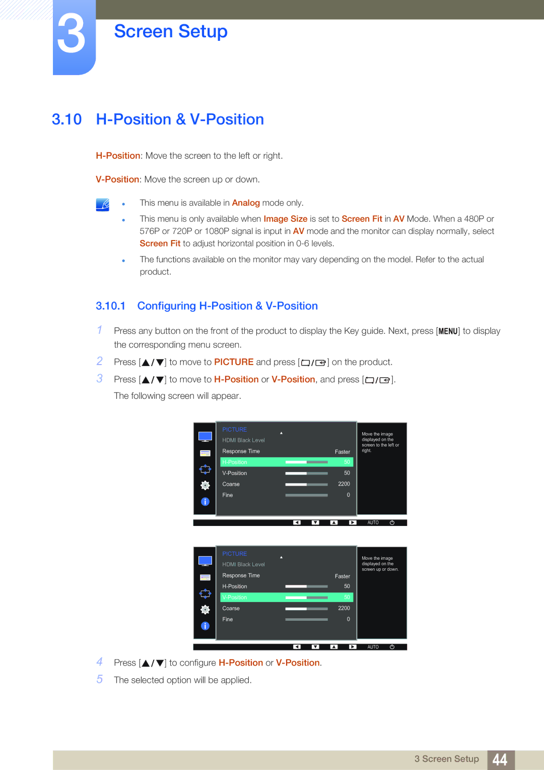 Samsung LS22D390QS/EN manual Configuring H-Position & V-Position 