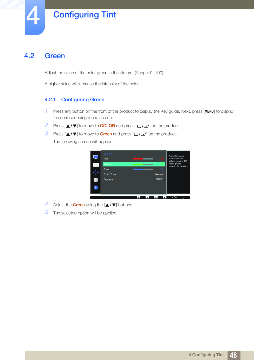 Samsung LS22D390QS/EN manual Configuring Green 