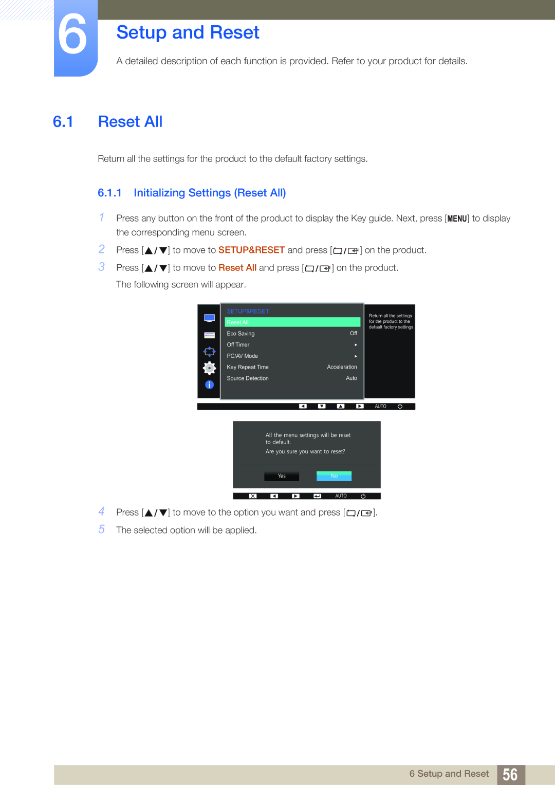 Samsung LS22D390QS/EN manual Setup and Reset, Initializing Settings Reset All 