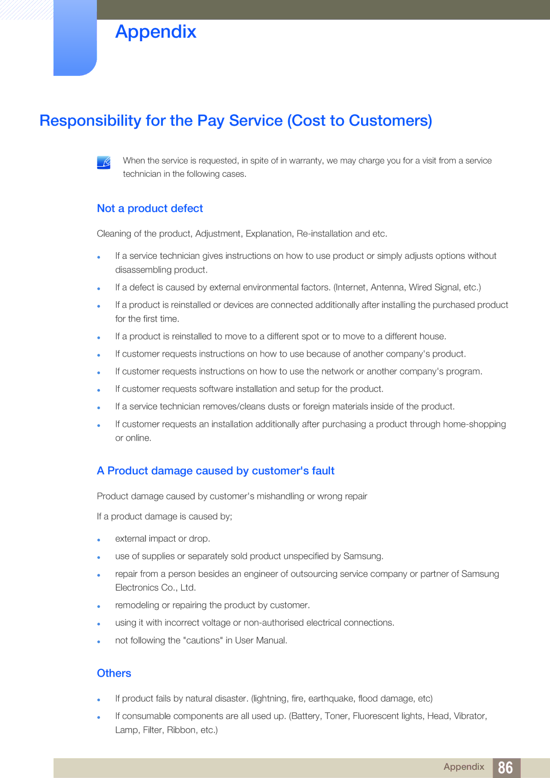 Samsung LS22D390QS/EN manual Responsibility for the Pay Service Cost to Customers, Not a product defect, Others 