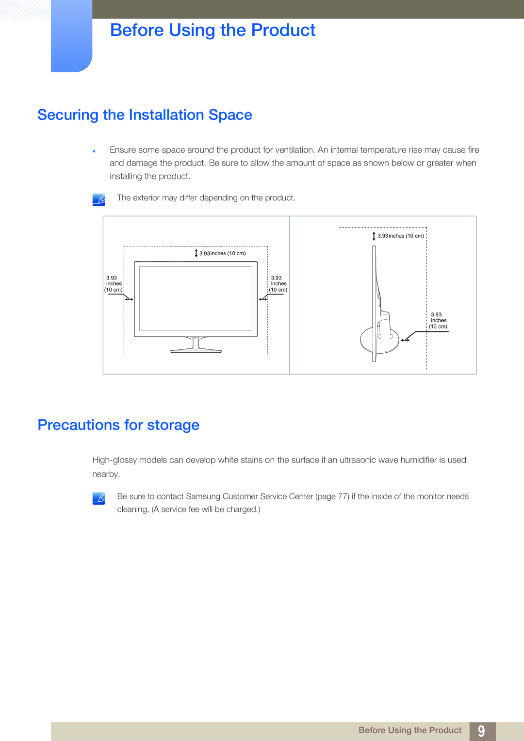 Samsung LS22D390QS/EN manual Securing the Installation Space, Precautions for storage 