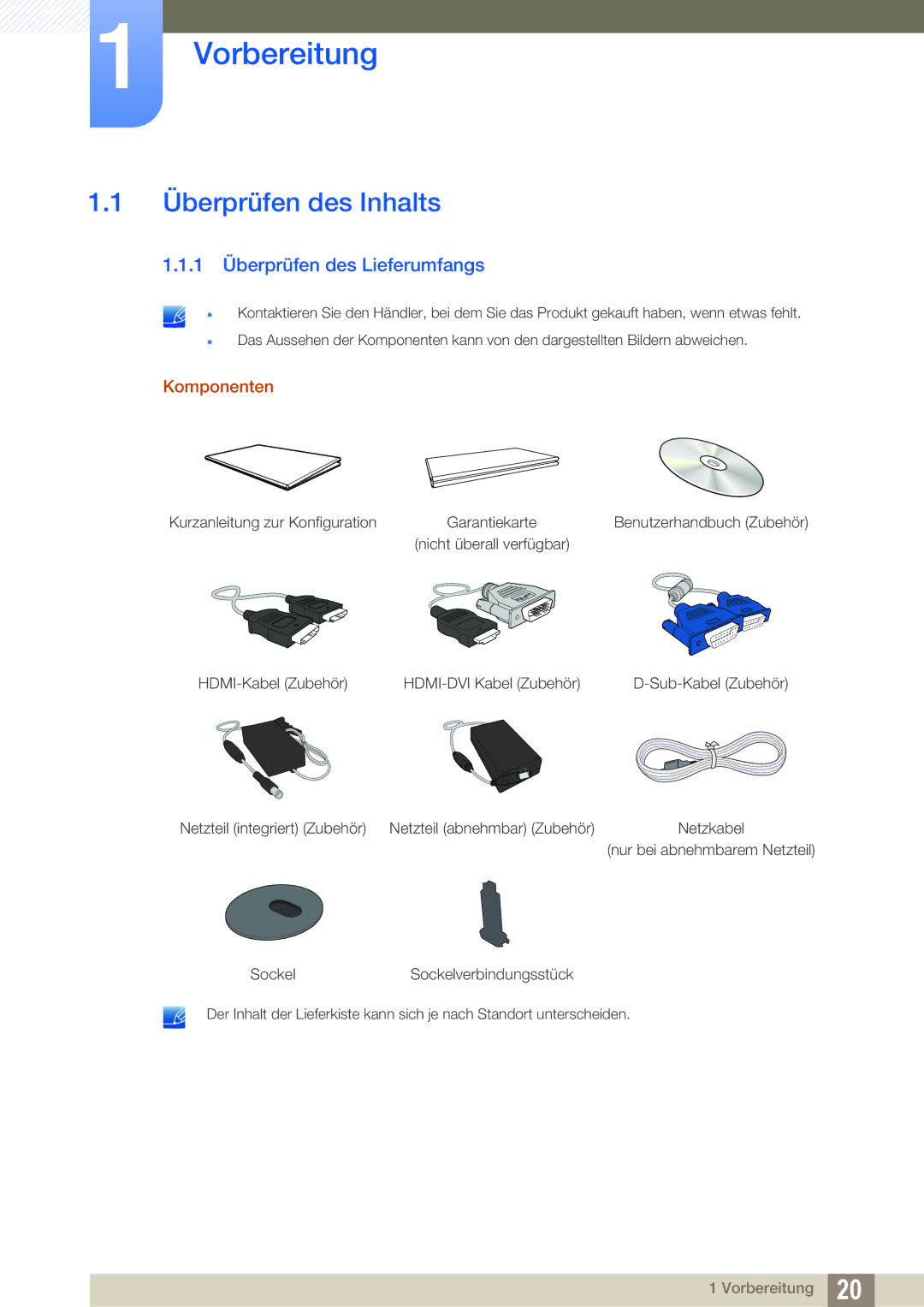 Samsung LS22D390QS/EN manual Vorbereitung, Überprüfen des Inhalts, 1 Überprüfen des Lieferumfangs, Komponenten 