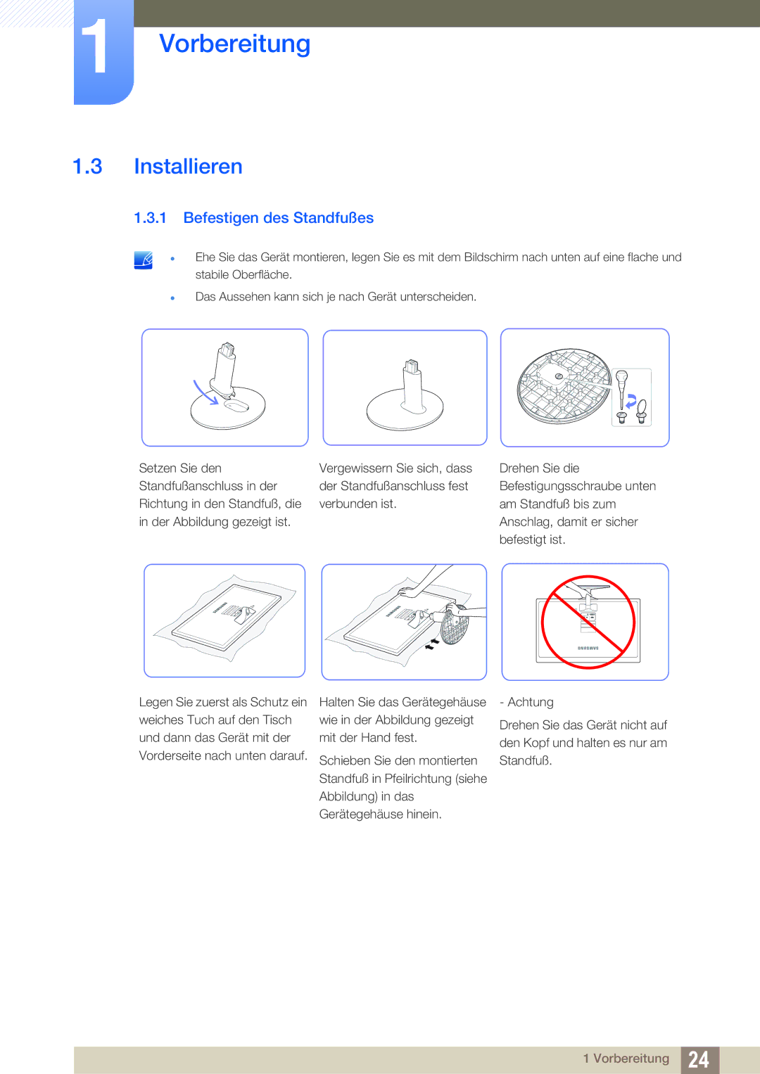 Samsung LS22D390QS/EN manual Installieren, Befestigen des Standfußes 