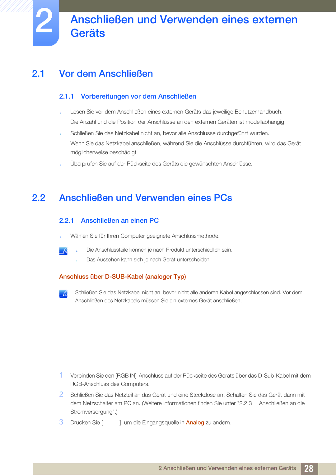 Samsung LS22D390QS/EN manual AnschließenGeräts und Verwenden eines externen, Vor dem Anschließen, Anschließen an einen PC 