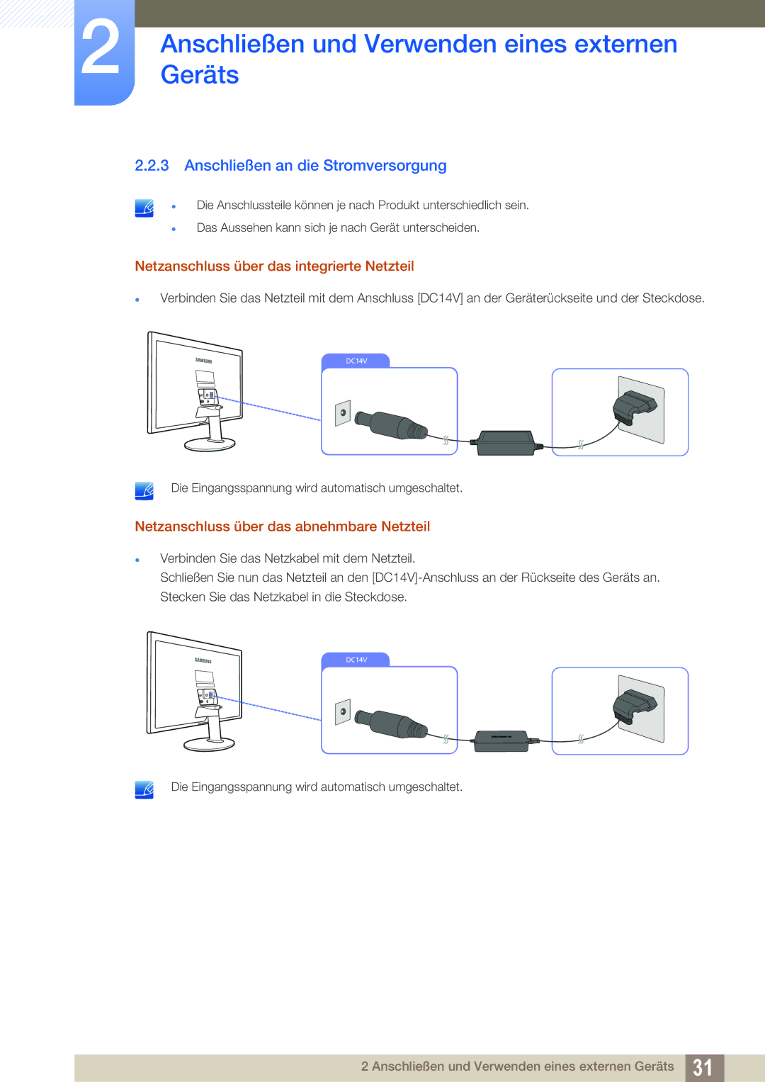 Samsung LS22D390QS/EN manual Anschließen an die Stromversorgung, Netzanschluss über das integrierte Netzteil 