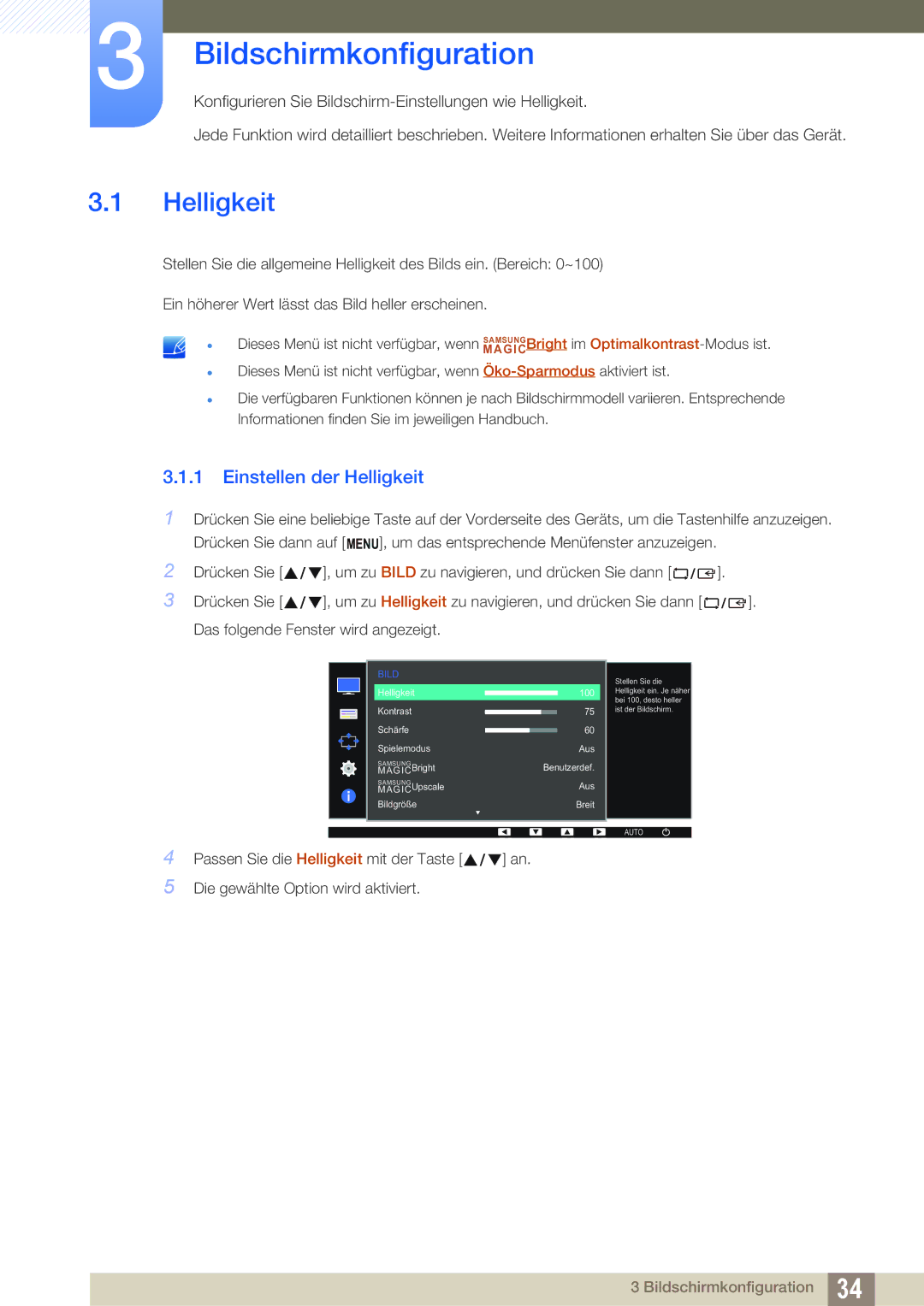 Samsung LS22D390QS/EN manual Bildschirmkonfiguration, Einstellen der Helligkeit 