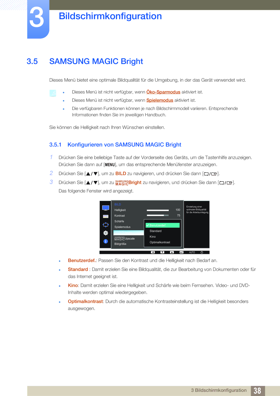 Samsung LS22D390QS/EN manual Konfigurieren von Samsung Magic Bright 