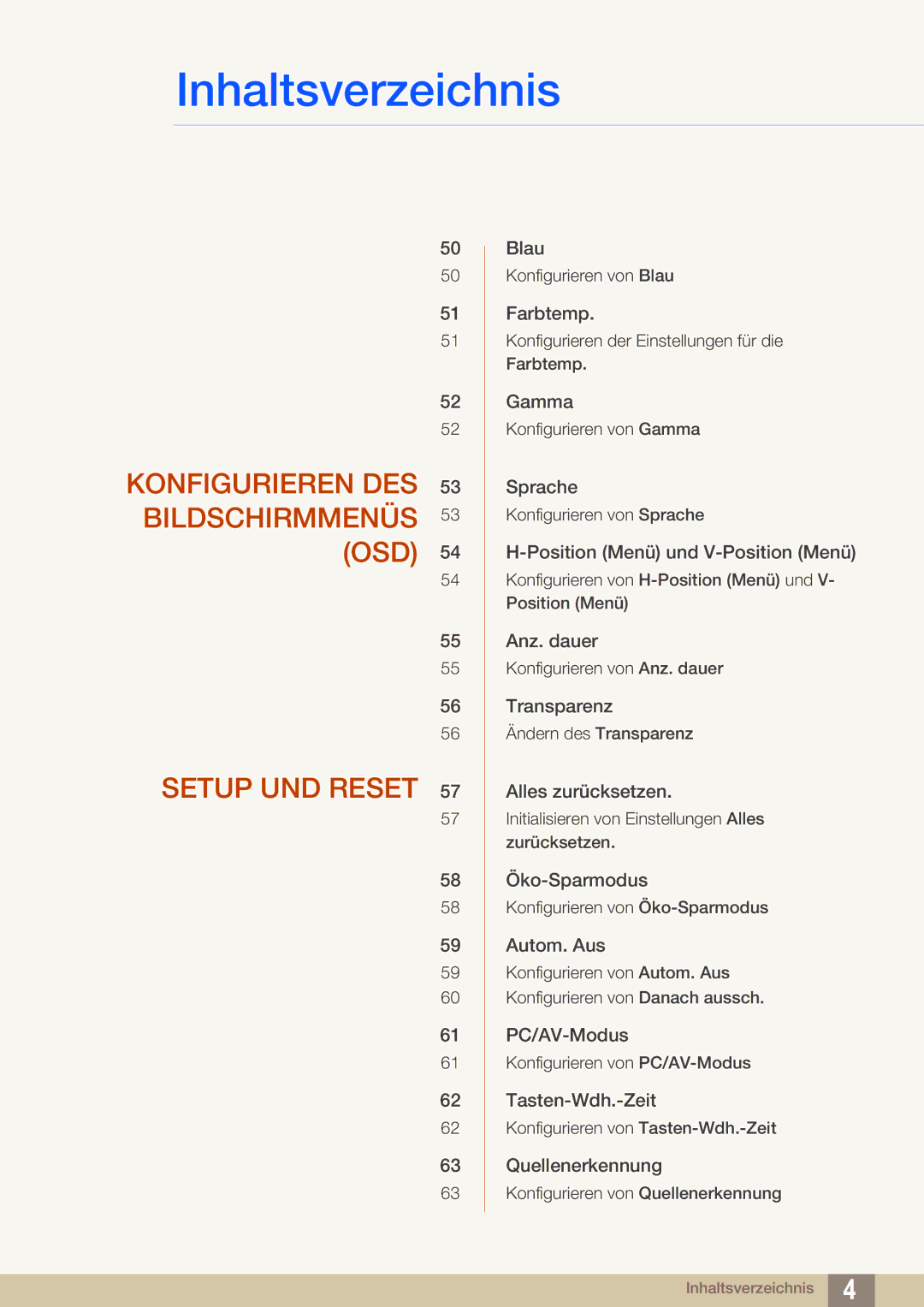 Samsung LS22D390QS/EN manual Konfigurieren DES Bildschirmmenüs OSD Setup UND Reset 