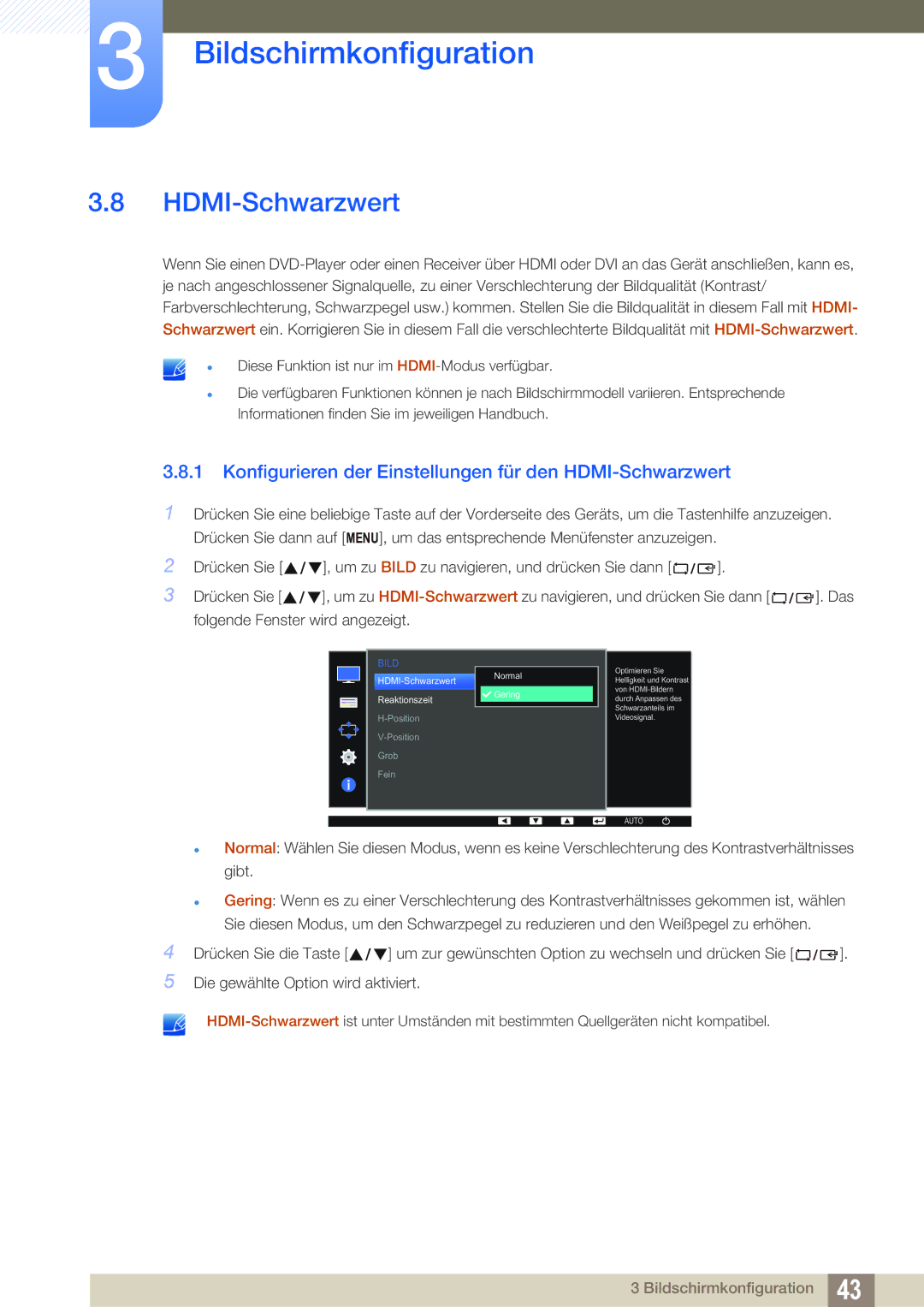 Samsung LS22D390QS/EN manual Konfigurieren der Einstellungen für den HDMI-Schwarzwert 