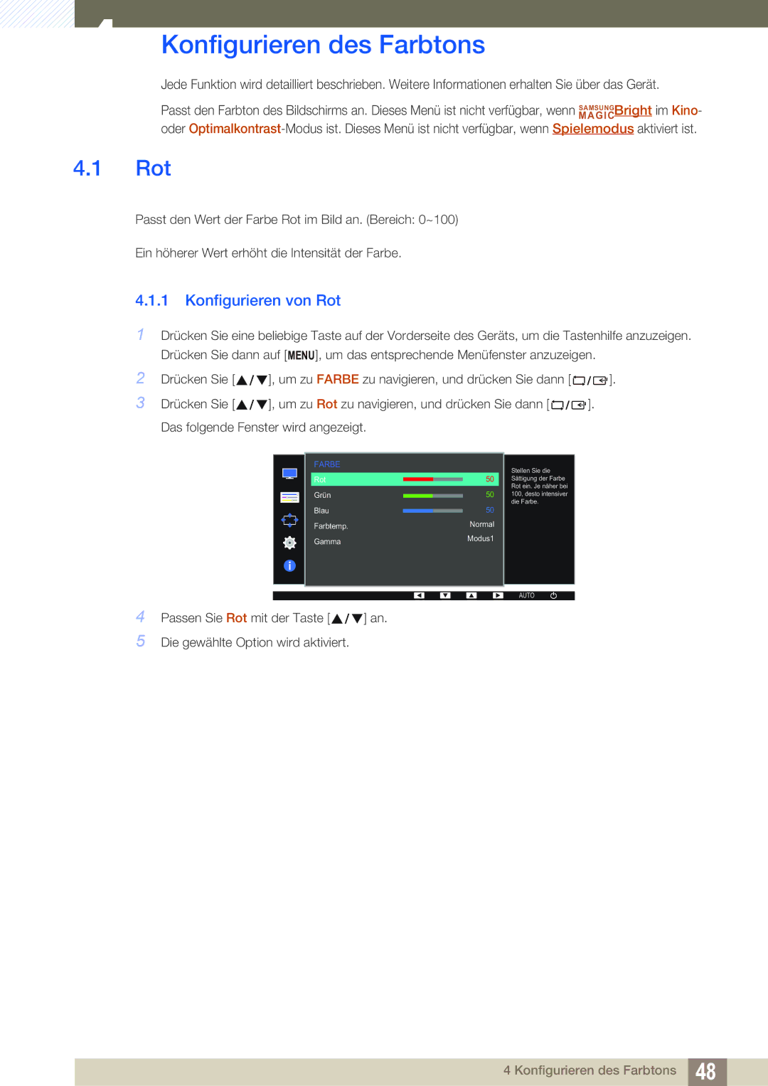 Samsung LS22D390QS/EN manual Konfigurieren des Farbtons, Konfigurieren von Rot 