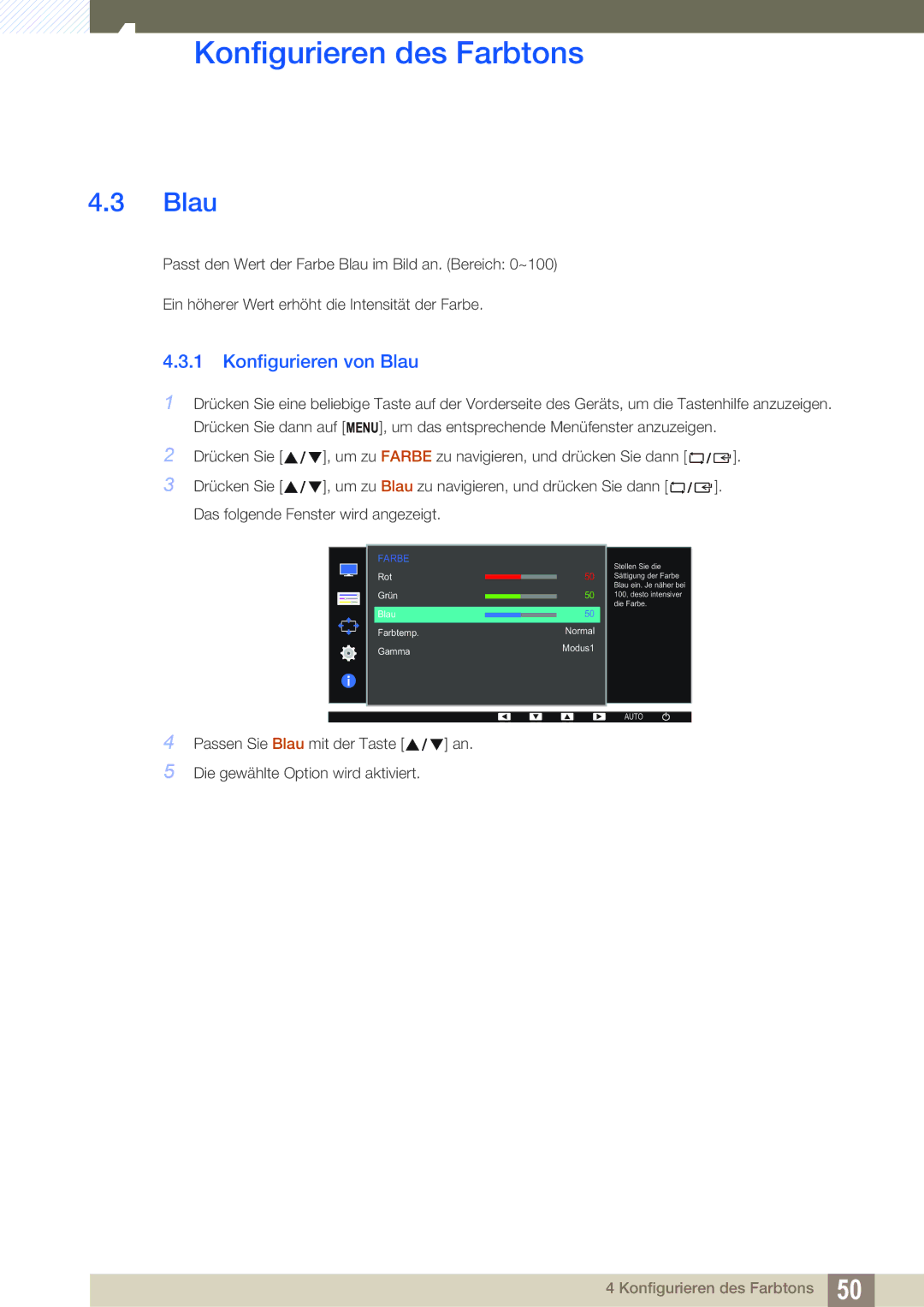 Samsung LS22D390QS/EN manual Konfigurieren von Blau 