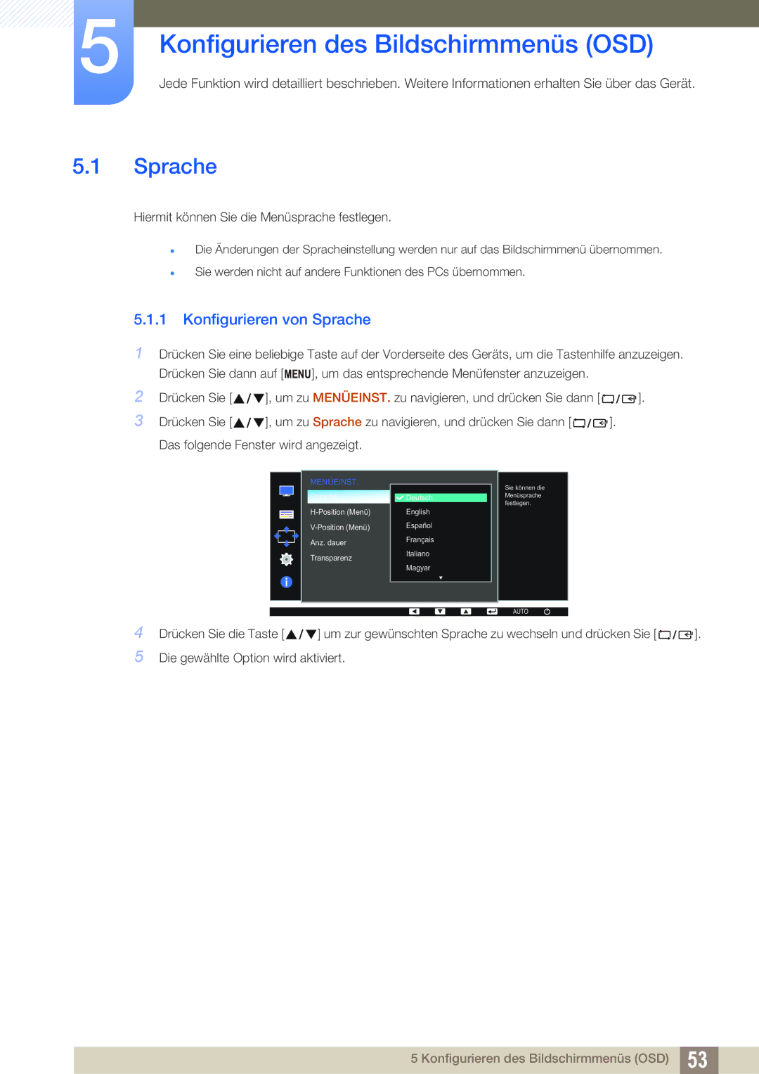 Samsung LS22D390QS/EN manual Konfigurieren des Bildschirmmenüs OSD, Konfigurieren von Sprache 