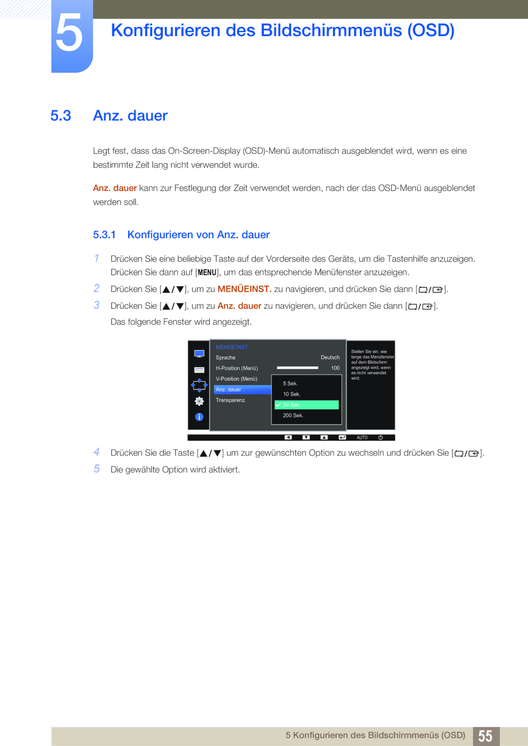 Samsung LS22D390QS/EN manual Konfigurieren von Anz. dauer 