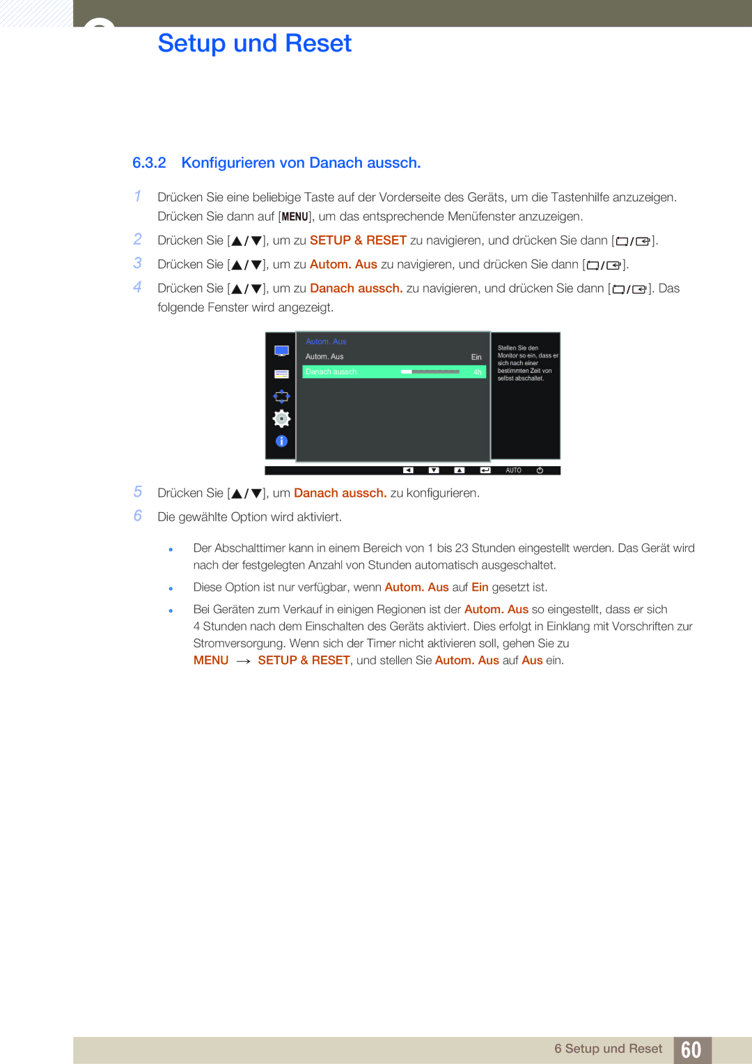 Samsung LS22D390QS/EN manual Konfigurieren von Danach aussch, Autom. Aus Danach aussch Ein 