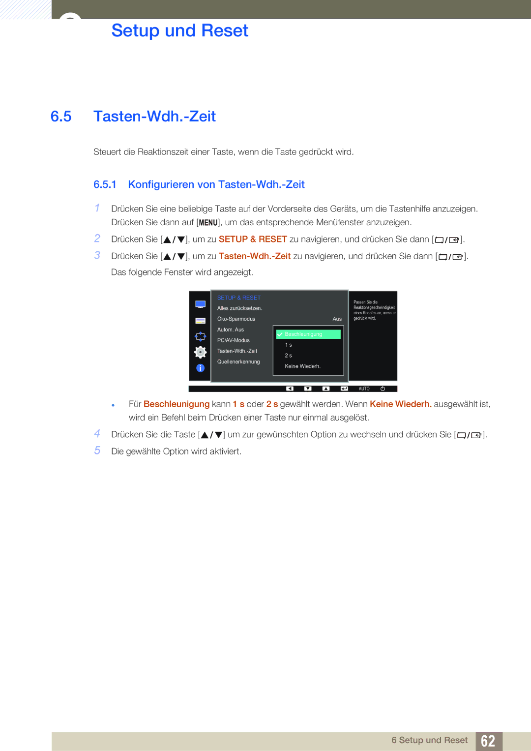 Samsung LS22D390QS/EN manual Konfigurieren von Tasten-Wdh.-Zeit 