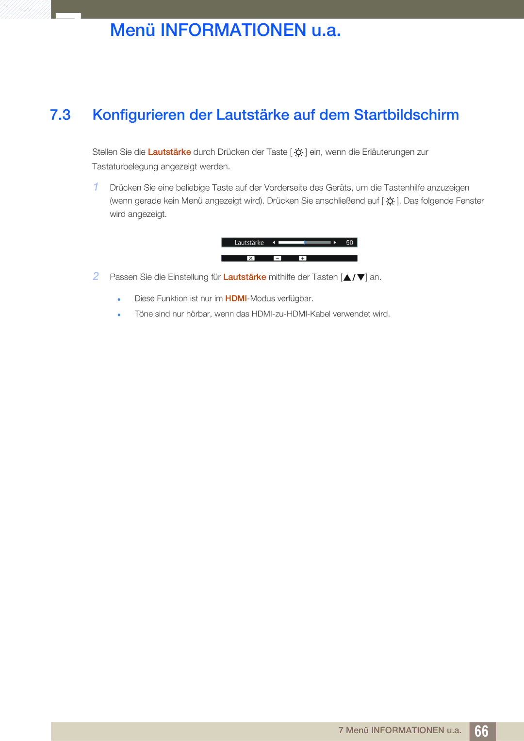 Samsung LS22D390QS/EN manual Konfigurieren der Lautstärke auf dem Startbildschirm 