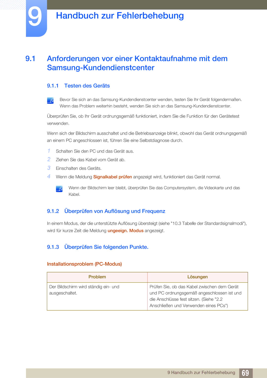 Samsung LS22D390QS/EN manual Handbuch zur Fehlerbehebung, Testen des Geräts, 2 Überprüfen von Auflösung und Frequenz 