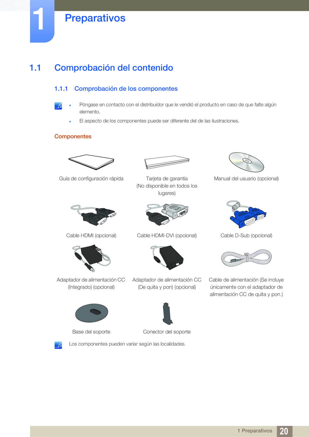 Samsung LS22D390QS/EN manual Preparativos, Comprobación del contenido, Comprobación de los componentes, Componentes 