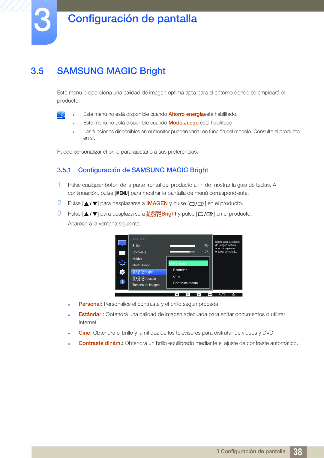 Samsung LS22D390QS/EN manual Configuración de Samsung Magic Bright 