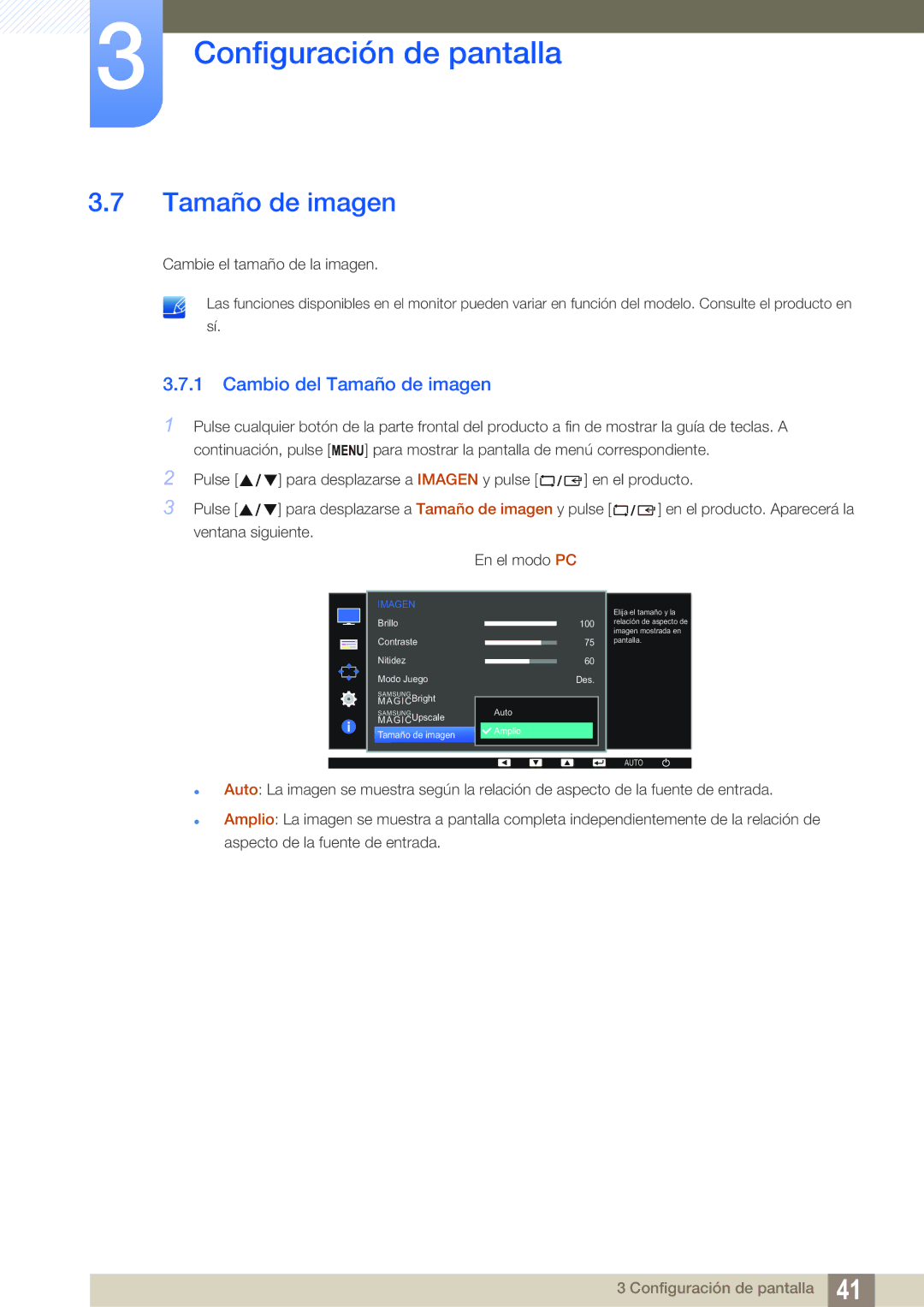 Samsung LS22D390QS/EN manual Cambio del Tamaño de imagen 