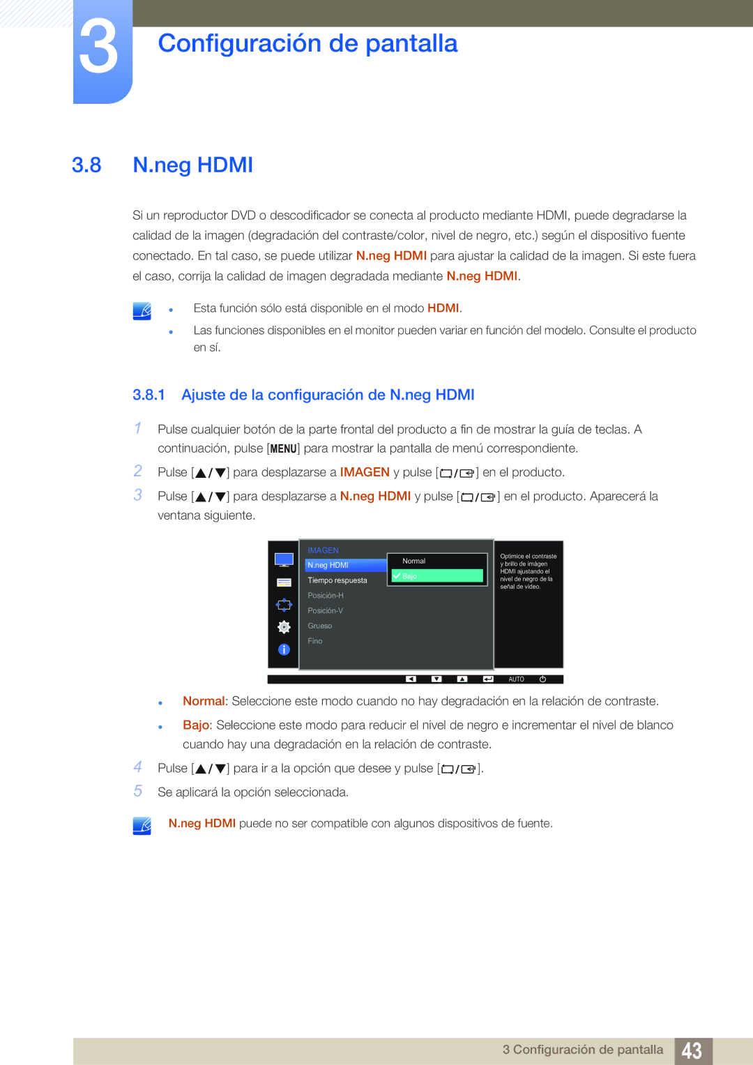 Samsung LS22D390QS/EN manual Ajuste de la configuración de N.neg Hdmi 