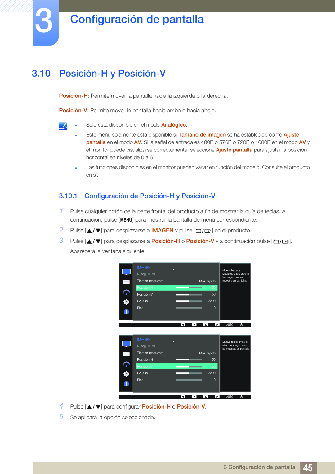 Samsung LS22D390QS/EN manual Configuración de Posición-H y Posición-V 