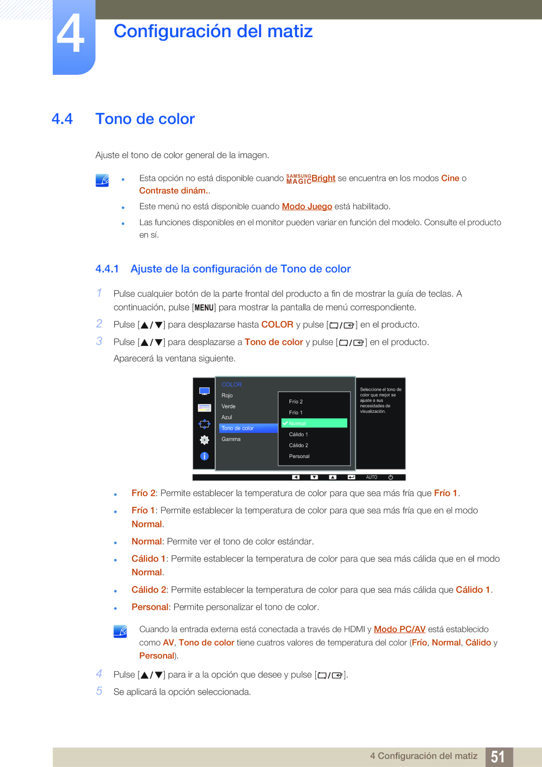 Samsung LS22D390QS/EN manual Ajuste de la configuración de Tono de color 