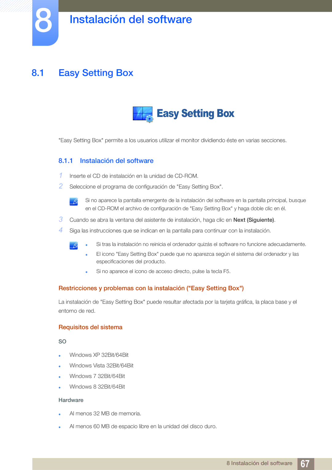 Samsung LS22D390QS/EN manual Instalación del software, Easy Setting Box, Requisitos del sistema 