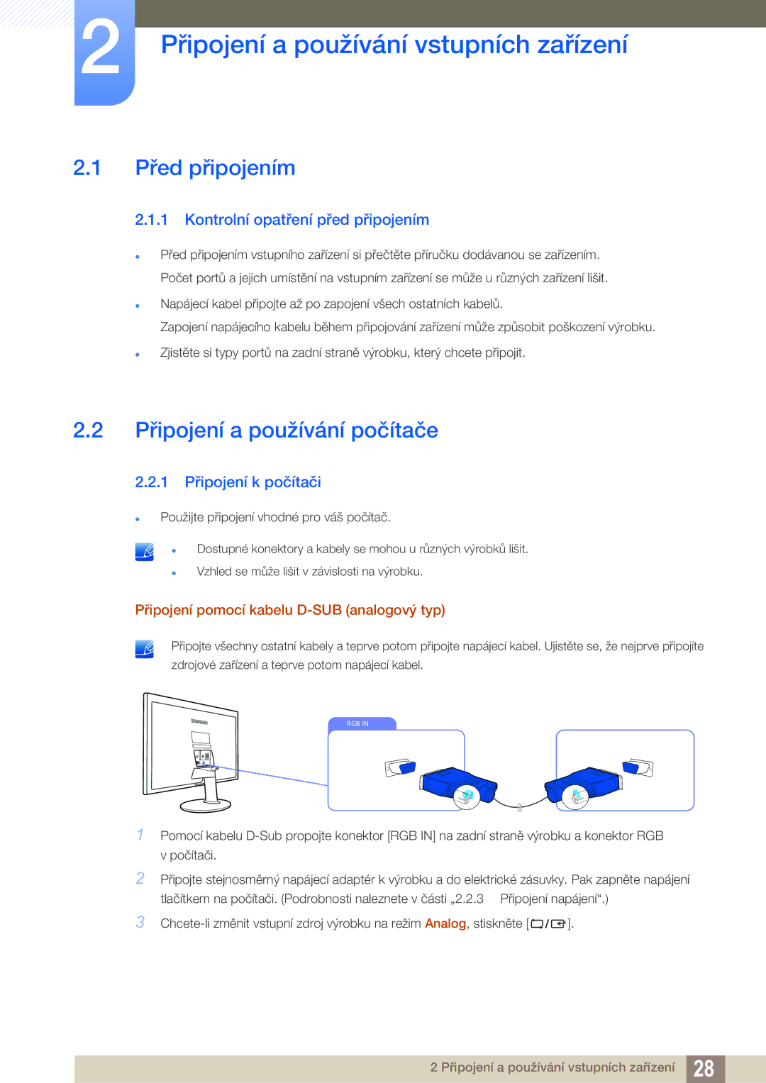 Samsung LS22D390QS/EN manual Připojení a používání vstupních zařízení, Před připojením, Připojení a používání počítače 