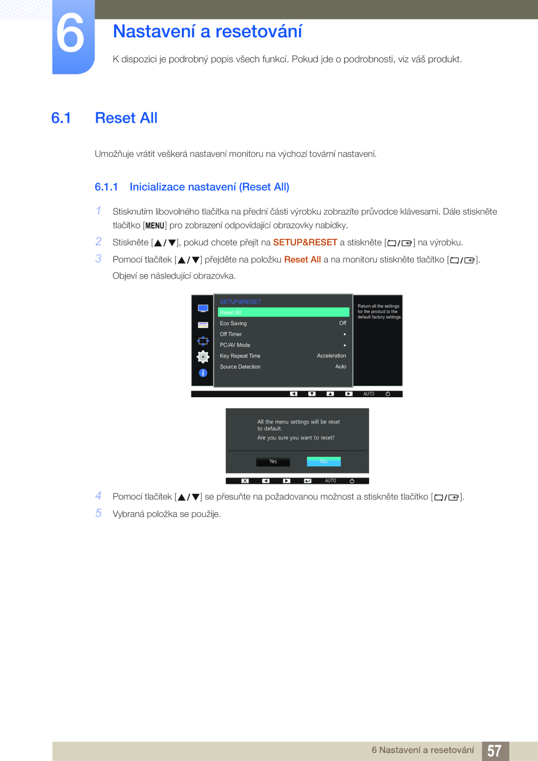 Samsung LS22D390QS/EN manual Nastavení a resetování, Inicializace nastavení Reset All 