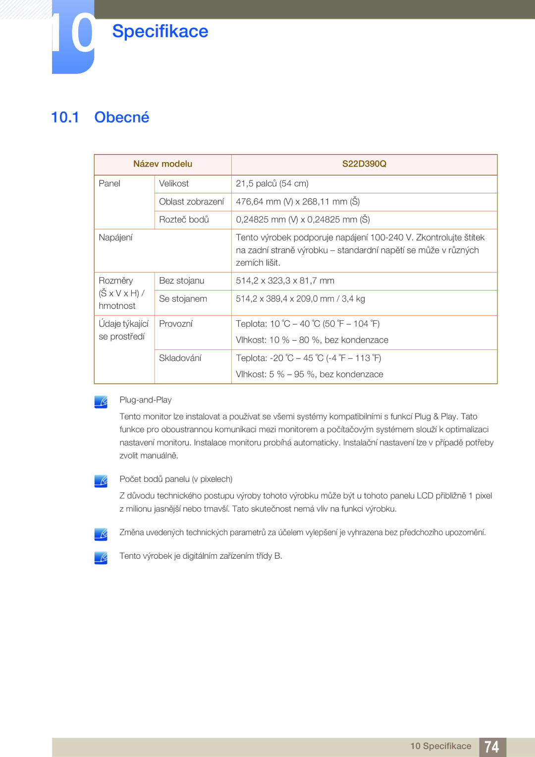 Samsung LS22D390QS/EN manual Specifikace, Obecné 