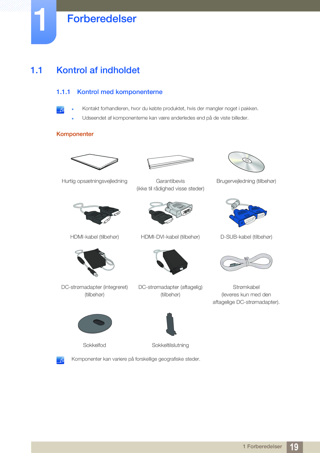 Samsung LS22D390QS/EN manual Forberedelser, Kontrol af indholdet, Kontrol med komponenterne, Komponenter 