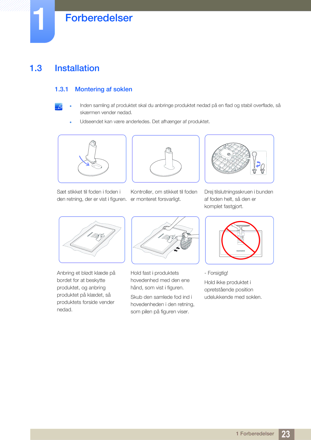 Samsung LS22D390QS/EN manual Installation, Montering af soklen 