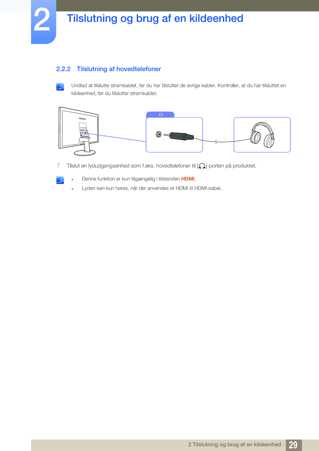 Samsung LS22D390QS/EN manual Tilslutning af hovedtelefoner 