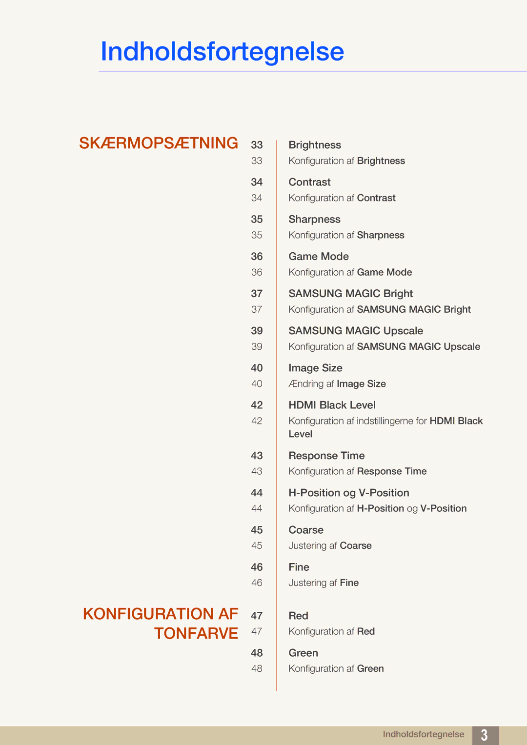 Samsung LS22D390QS/EN manual Skærmopsætning Konfiguration AF Tonfarve 