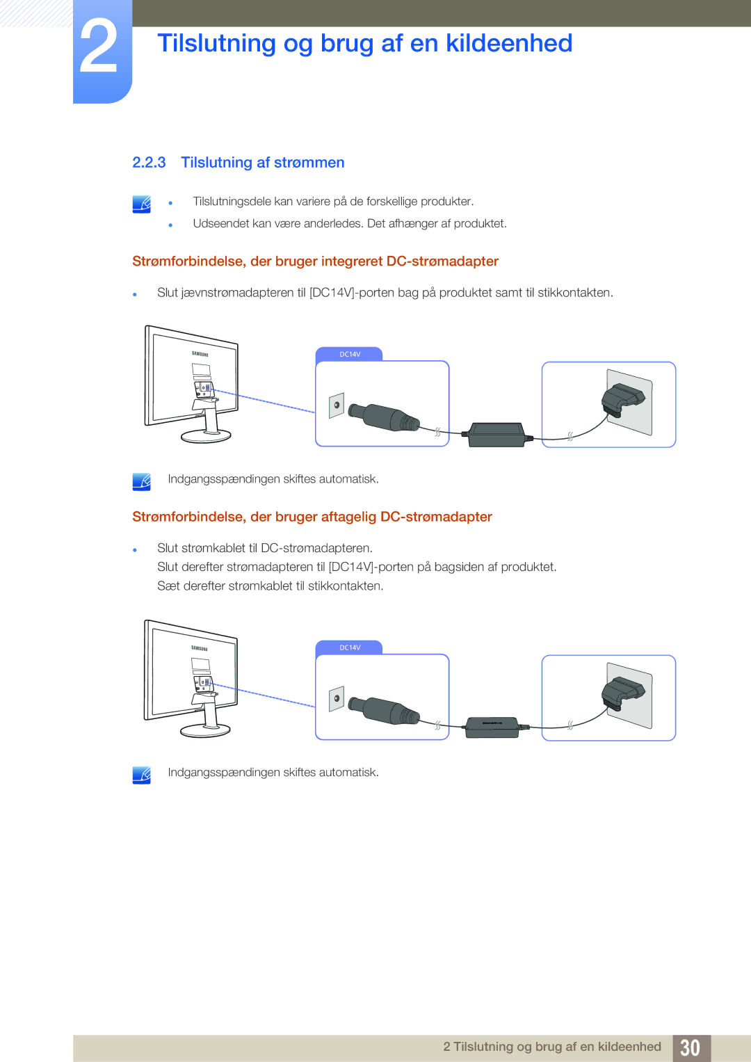 Samsung LS22D390QS/EN manual Tilslutning af strømmen, Strømforbindelse, der bruger integreret DC-strømadapter 