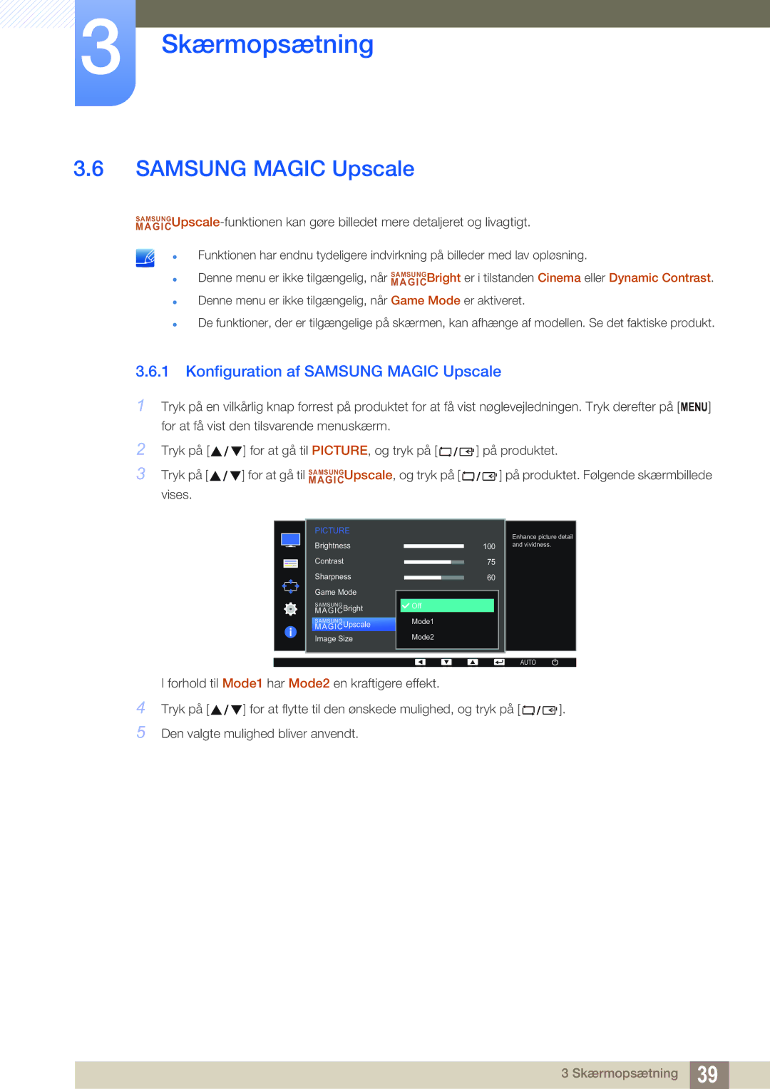 Samsung LS22D390QS/EN manual Konfiguration af Samsung Magic Upscale 