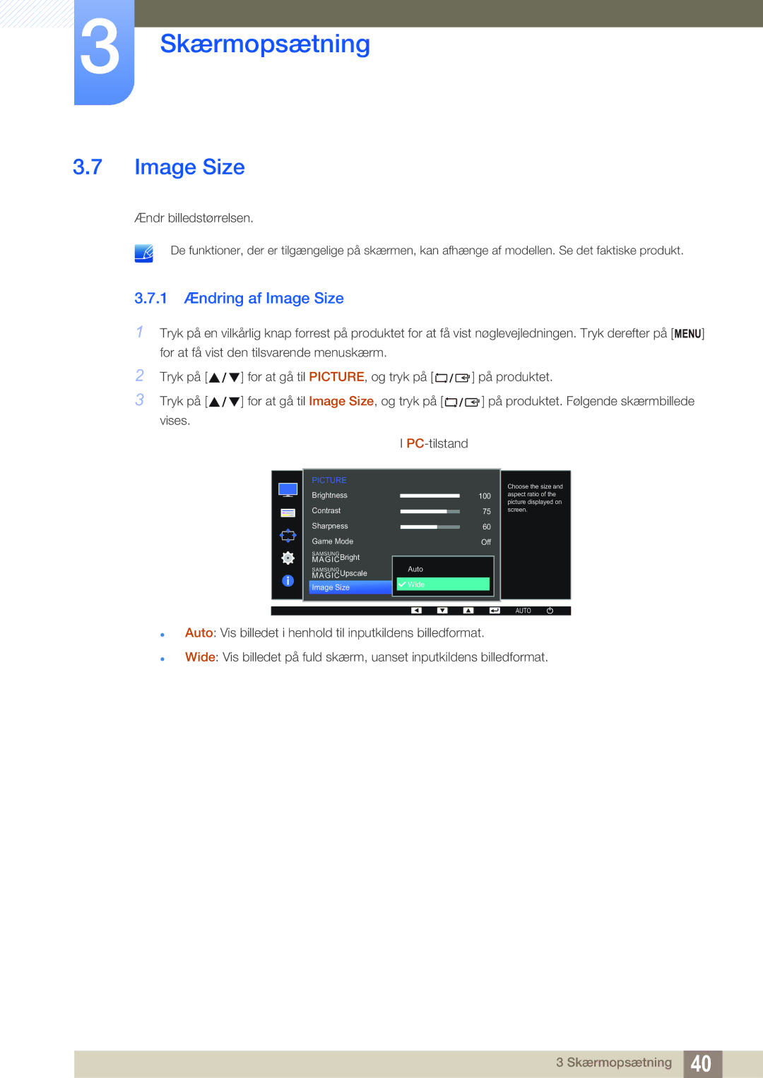 Samsung LS22D390QS/EN manual 1 Ændring af Image Size 